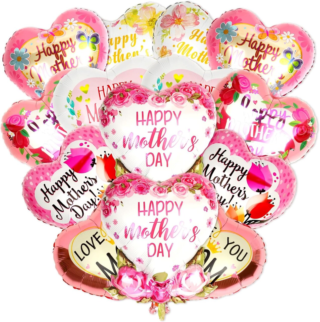 24PCS Mother's Day Balloons, Happy Mother's Day Foil Balloons 18inch Love You Mom Heart Shaped Foil Balloons for Birthday Party Decorations